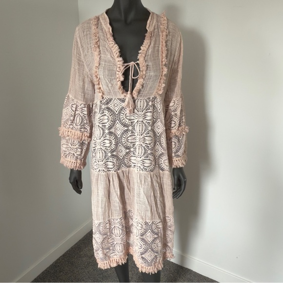 Dresses & Skirts - ☁️ Boho Italian Embroidered Fringe Cotton Dress – One Size (Fits M/L)